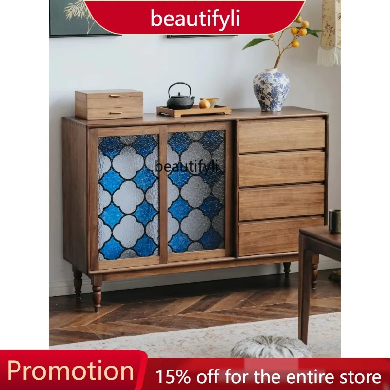 

New Glazed dining side cabinet integrated against the wall retro black walnut solid wood guest restaurant storage locker 4109