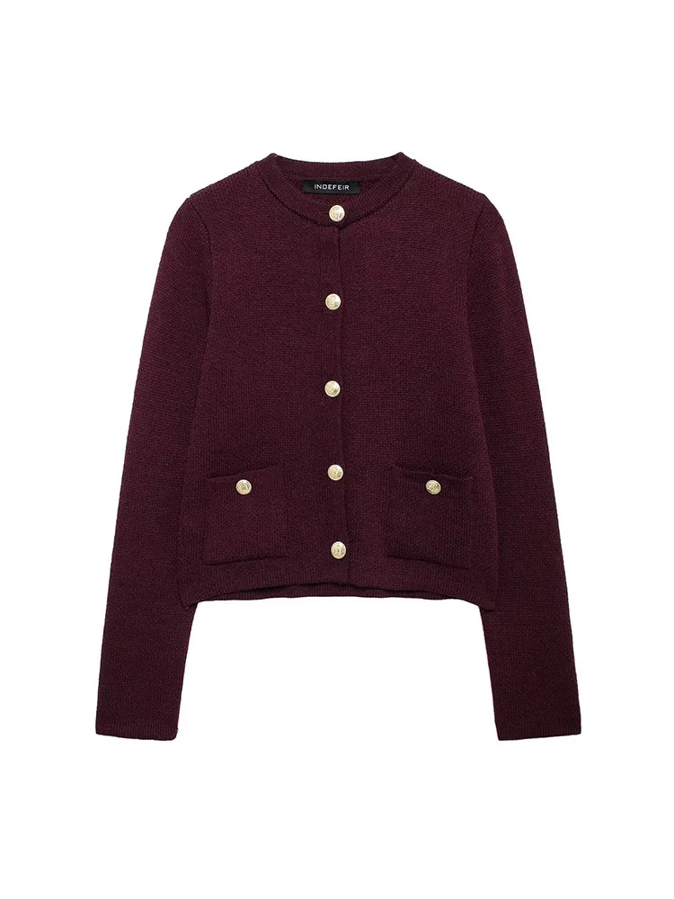 Autumn Women Knitted Cardigan Coat Vintage Burgundy Single Breasted Long Sleeve O Neck Sweater Female Elegant Slim Outwear TRAF