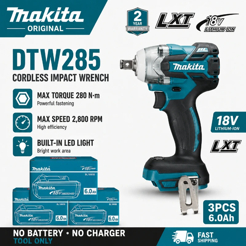 Image of Original Makita DTW285 18V Bürstenloser Akku-Schlagschrauber-Kit mit 1/2/3/4×6000mAh BL1860B Akku, kompatibel mit LXT-System, 320N·m, EU-Lager, schneller Versand