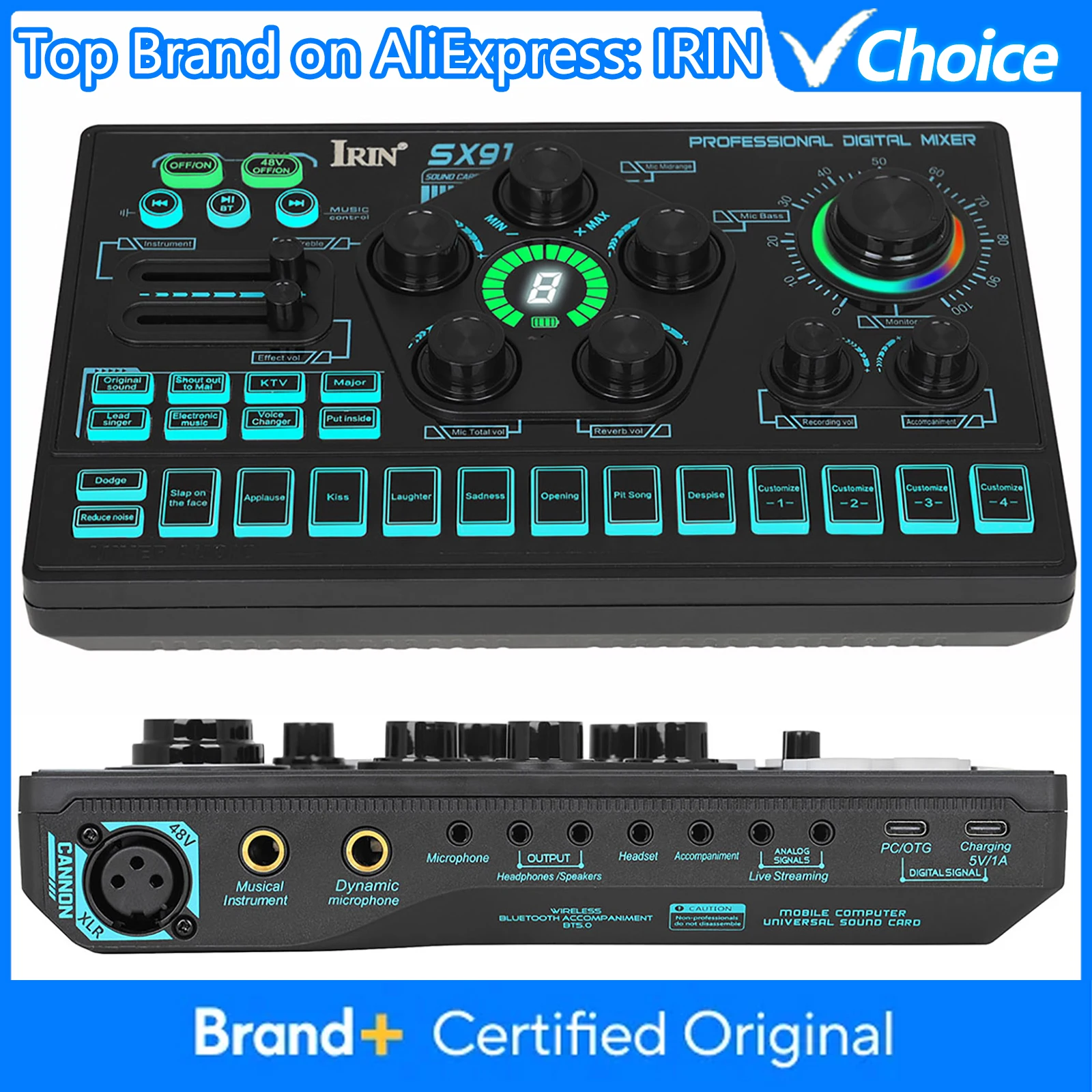 48V Audio Mixer with Voice changer SX91 Podcast Mixer Sound Card for Phone Gaming Karaoke Studio Live Streaming Podcast