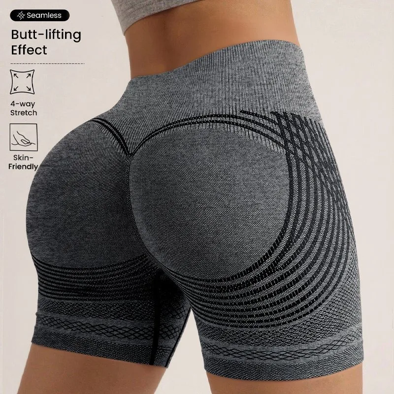 Summer Womens Mesh Line Pattern Seamless Yoga Shorts High Waist Hip Lifting Elastic Breathable Anti Chafing Daily Sports Bottoms