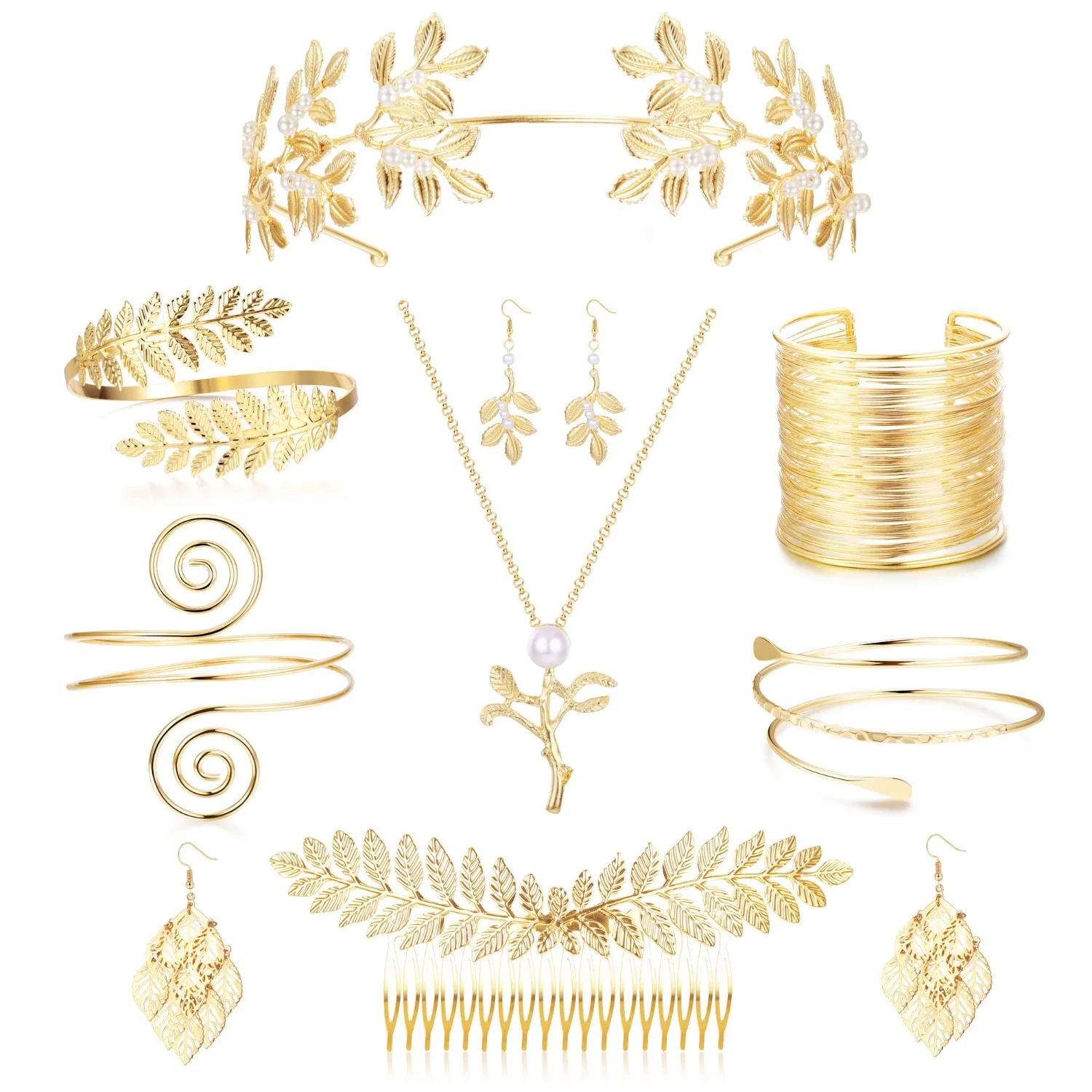 9 Pcs Greek Goddess Costume Accessories Set for Women Golden Laurel Leaf Crown Headband Upper Arm Coil Bracelet Pearl Leaf Dangle Earring Artificial Pearl Earrings Necklace Bridal Wedding