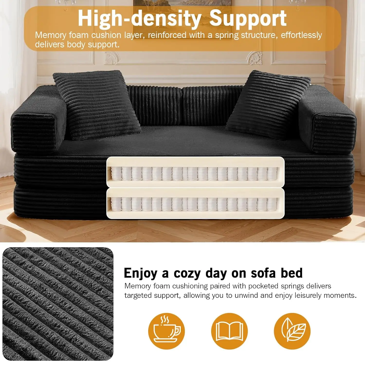 أريكة سرير قابلة للتحويل مقاس 81 بوصة، أريكة أرضية قابلة للطي مع مسند ذراع مربع، أريكة قماش قصير مضغوط بدون عظم في صندوق، أكمام مريحة