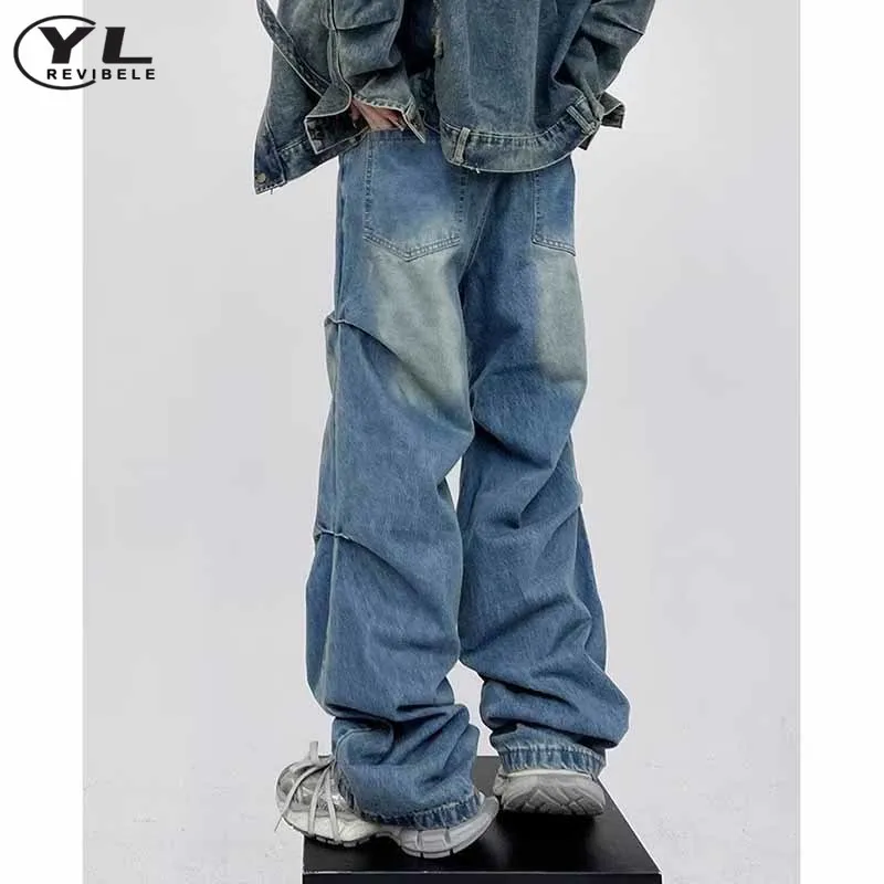 Washed Fold Jeans Mens Casual High Street Baggy Wide Leg Denim Pants Spring Autumn Male Distressed Vintage Straight Trousers New