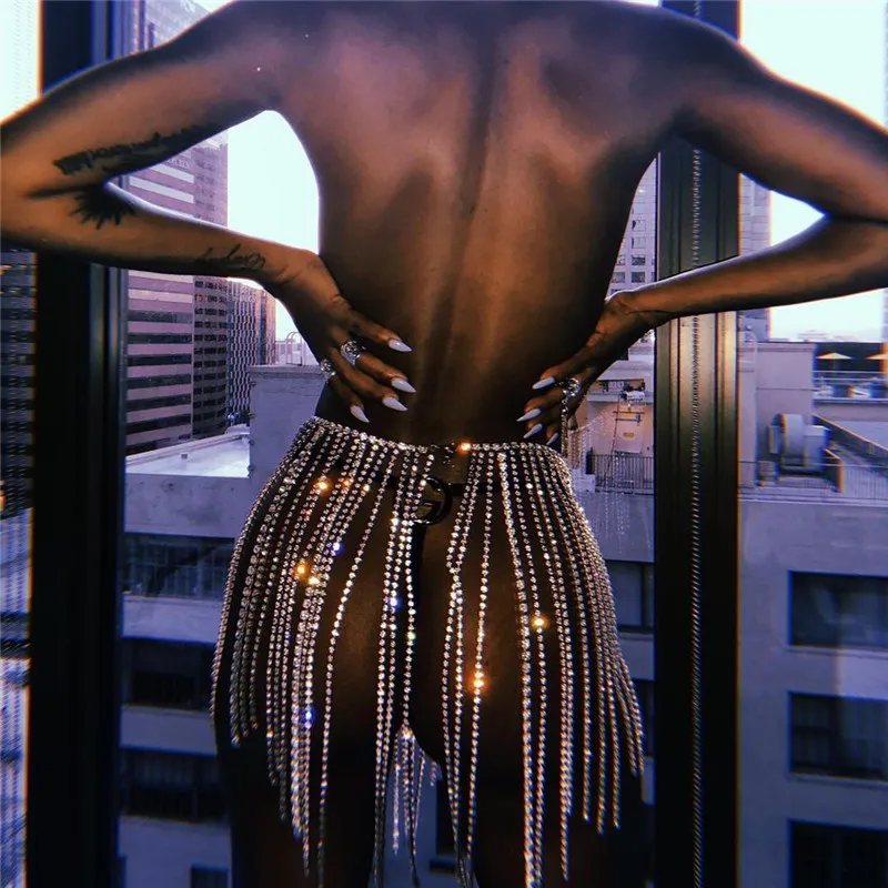Falda Sexy con diamantes de imitación para mujer, Faldas transparentes con borlas y diamantes, ropa de calle para discoteca, cadenas para el cuerpo, cintura ajustable