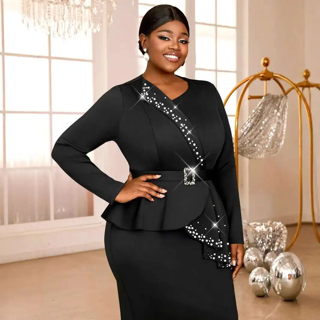 

050133 Am Ruffle Beaded Dress Ruffle Black Slimming Tummy Cover Plus Size Graduation Dress for Women Summer Elegantes Casual Y2k