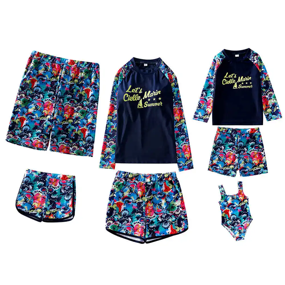 

2022 Family Matching Swimsuits Summer Mommy and Daughter Swimwear Women Long Sleeve Print Bikini Sets Father and Son Beach Short