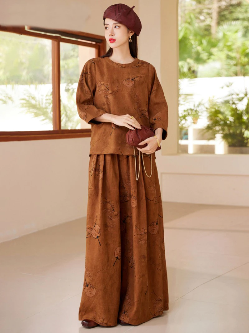 2025 Women's Autumn New 100% Natural Mulberry Silk Gambiered Guangdong Gauze Artistic Temperament Top Big Swing Skirt Pants Set