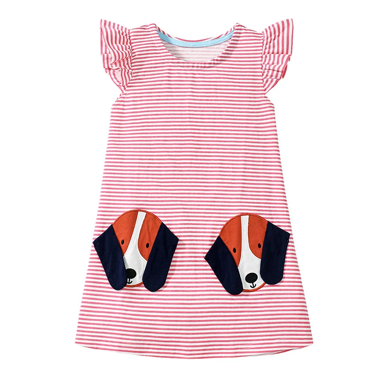 Jumping Meters  2-7 Years Striped Dog Summer Princess Baby Girls Dresses Applique Party Birthday Kids Short Sleeve Frocks