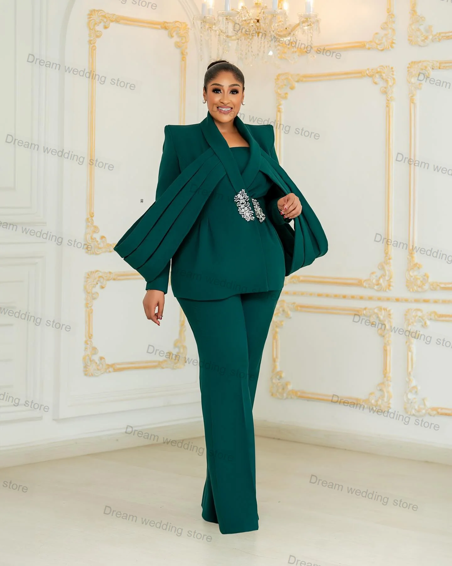 Green Crystals Women Suits Pants Set 2 Piece Blazer+Trousers Wedding Tuxedo Tailored Size Decorative Strap Prom Jacket Coat