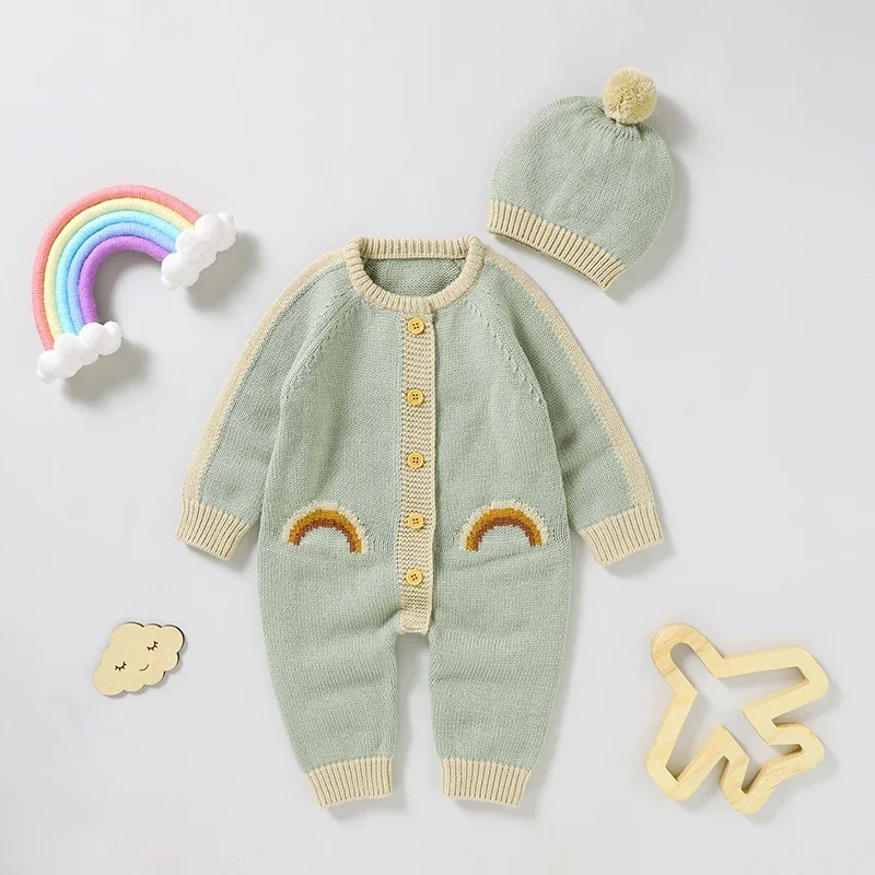 

Newborn Baby Romper Knit Infant Girl Boy Jumpsuit Long Sleeve Kid Clothing Hat Fashion Rainbow Solid 2PC Overalls 0-18M Playsuit