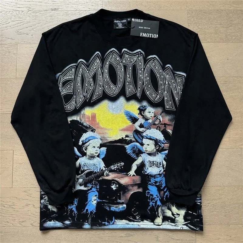 MIXED EMOTION - Retro Street Style Printed Beaded Lettering Loose-Fitting Casual Long-Sleeved T-Shirt for Men and Women