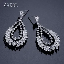 ZAKOL Brand Design Leaf Cubic Zirconia Dangle Earrings for Elegant Women Bridal Wedding Party Jewelry FSEP2172