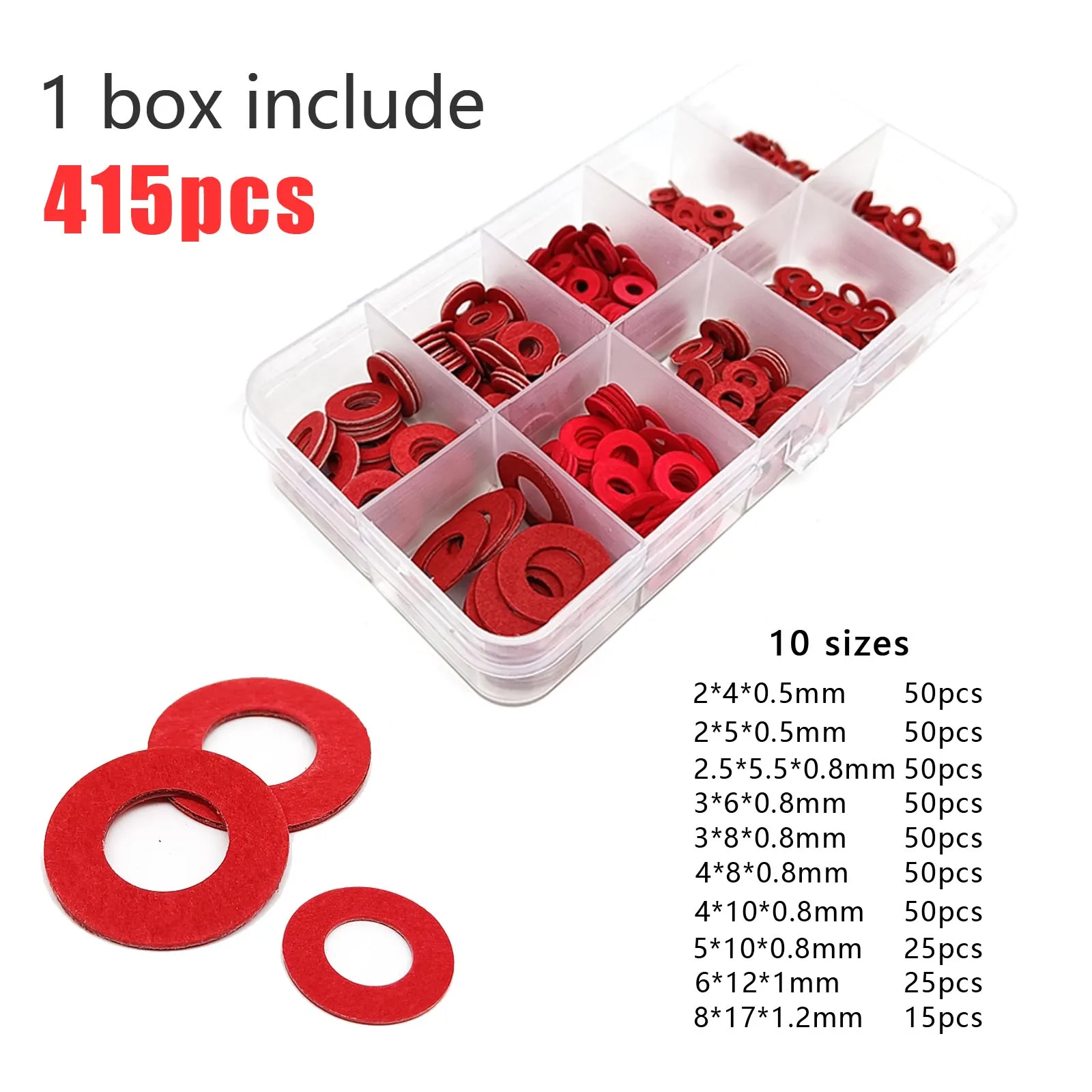 415/1105pcs M2 M2.5 M3 M4 M5 M6 M8 M10 M12 Red Steel Paper Flat Washer Plain Insulated Gasket Ring Pad Assortment Kit Set Box