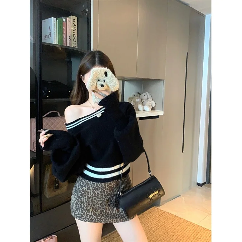 Suéter E de Manga Larga con Hombros Descubiertos para Mujer, Estilo Ajustado, Cuello Redondo, Jersey, Novedad de Otoño...