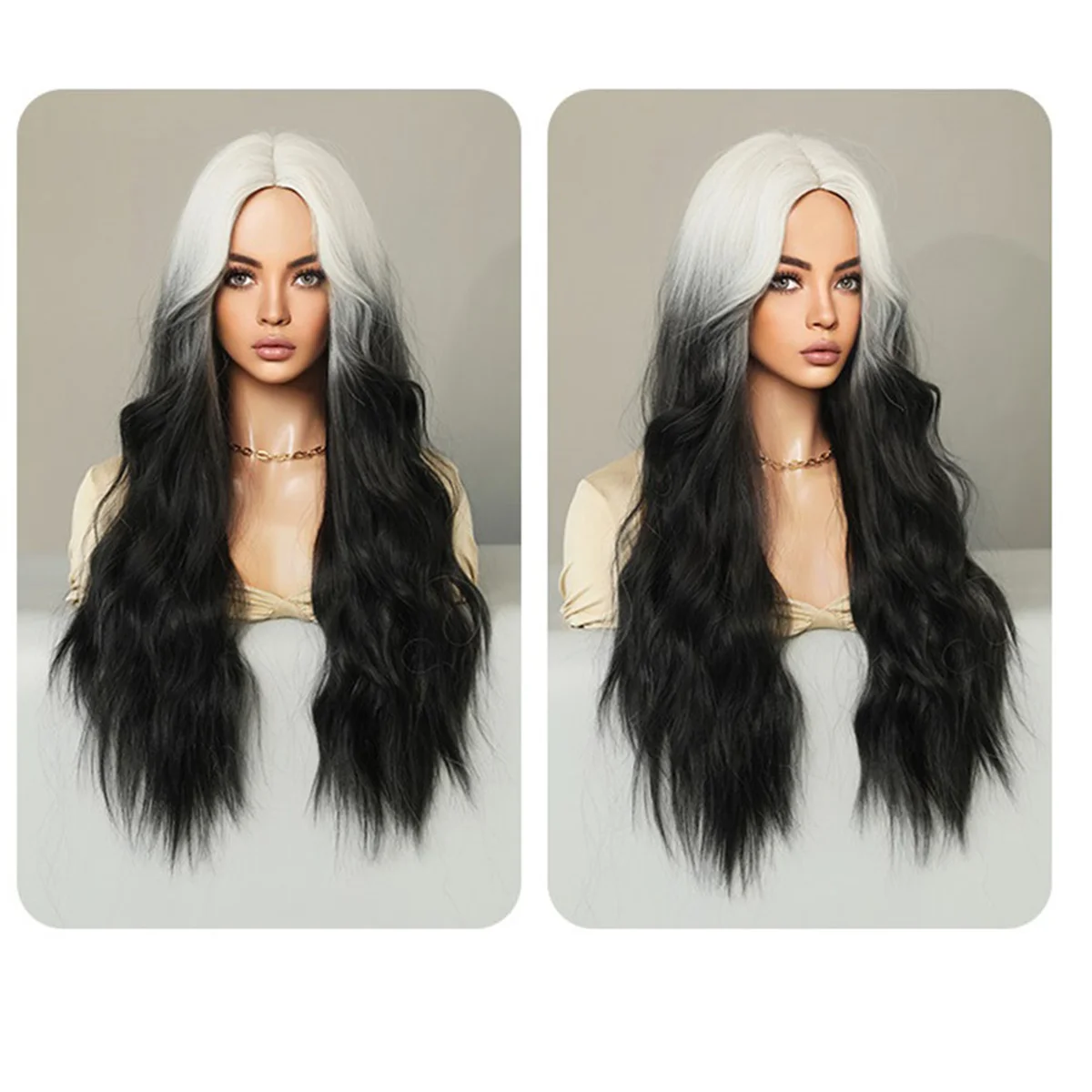 White Black Gradient 70cm Wig Female Long Curly Hair Center Parted Wig Bangs Water Ripple Chemical Fiber Wig