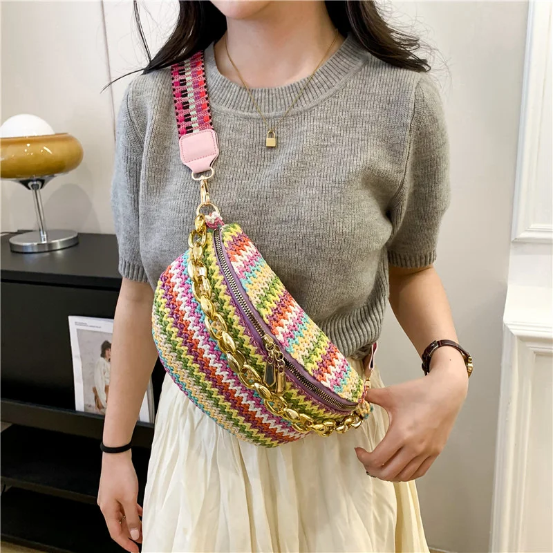 Aesthetic Straw Braid Striped Fanny Packs For Women Luxury Chain Waist Bag Female Woven Design Waist Pack Ladies Chest Bag 2023