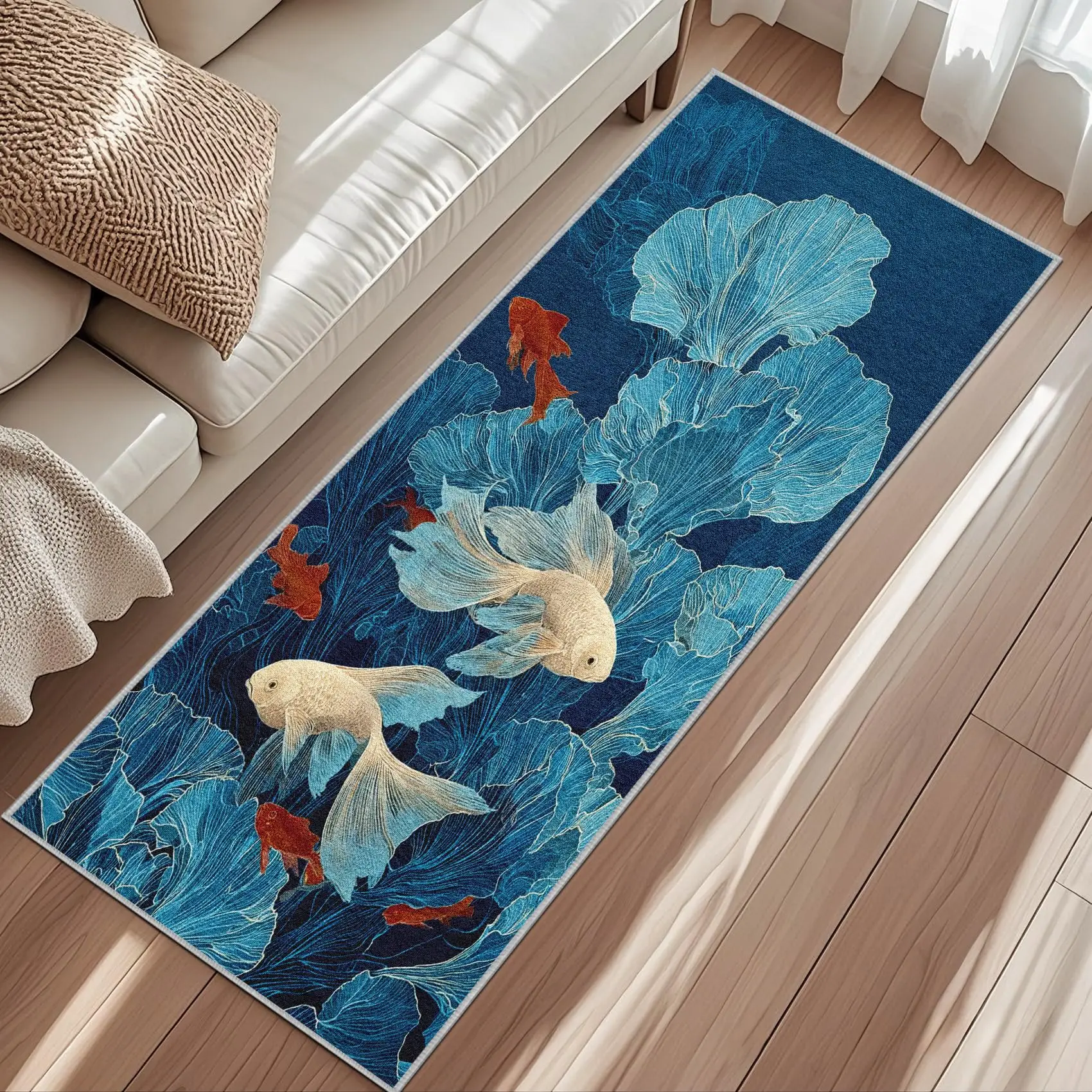 Lake Fish Kitchen Carpet Green Lotus Leaf Rug for Bedroom Laundry Room Decoration Washable Non Slip Low Fluff Soft Runner Mat