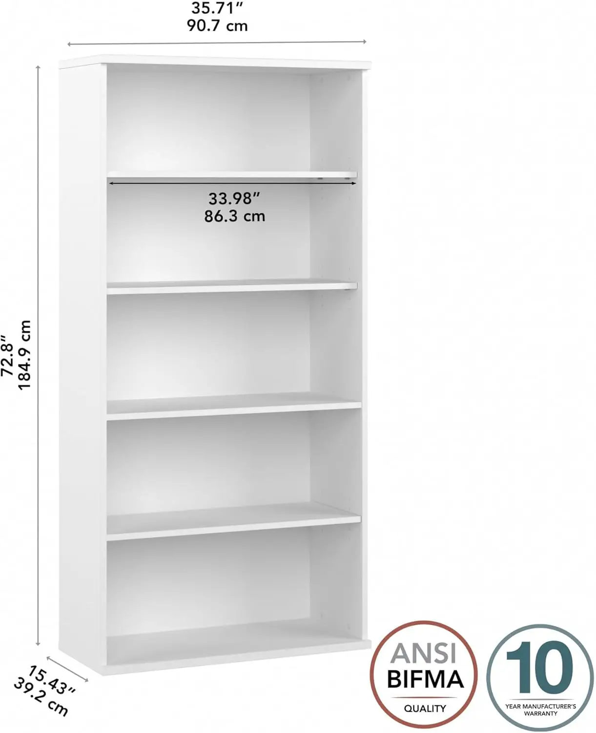 Furniture Studio C Tall 5 Shelf Bookcase in White, Large Bookshelf for Home or Professional Office