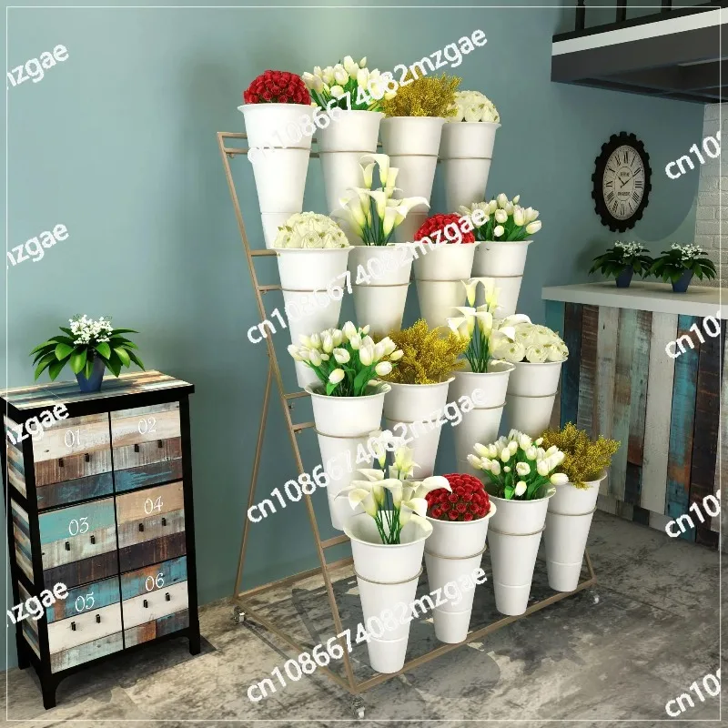 Space-Saving Iron Bucket Rack, Tiered Floral Display Stand for Wedding & Flower Shop Multi-Story Organization