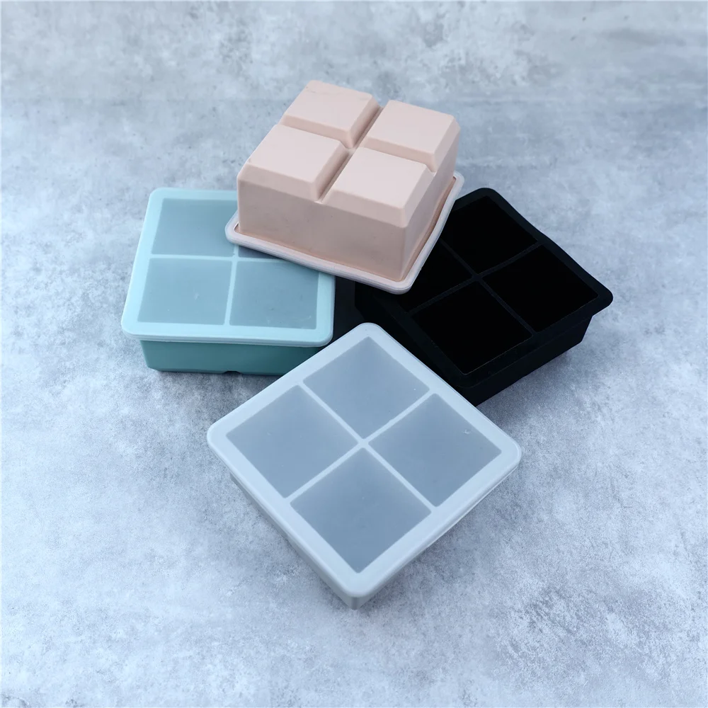 4 Grid Big Ice Tray Mold Giant Jumbo Large Food Grade Silicone Ice Cube Square Tray Mold DIY Ice Maker Ice Cube Tray with Lids