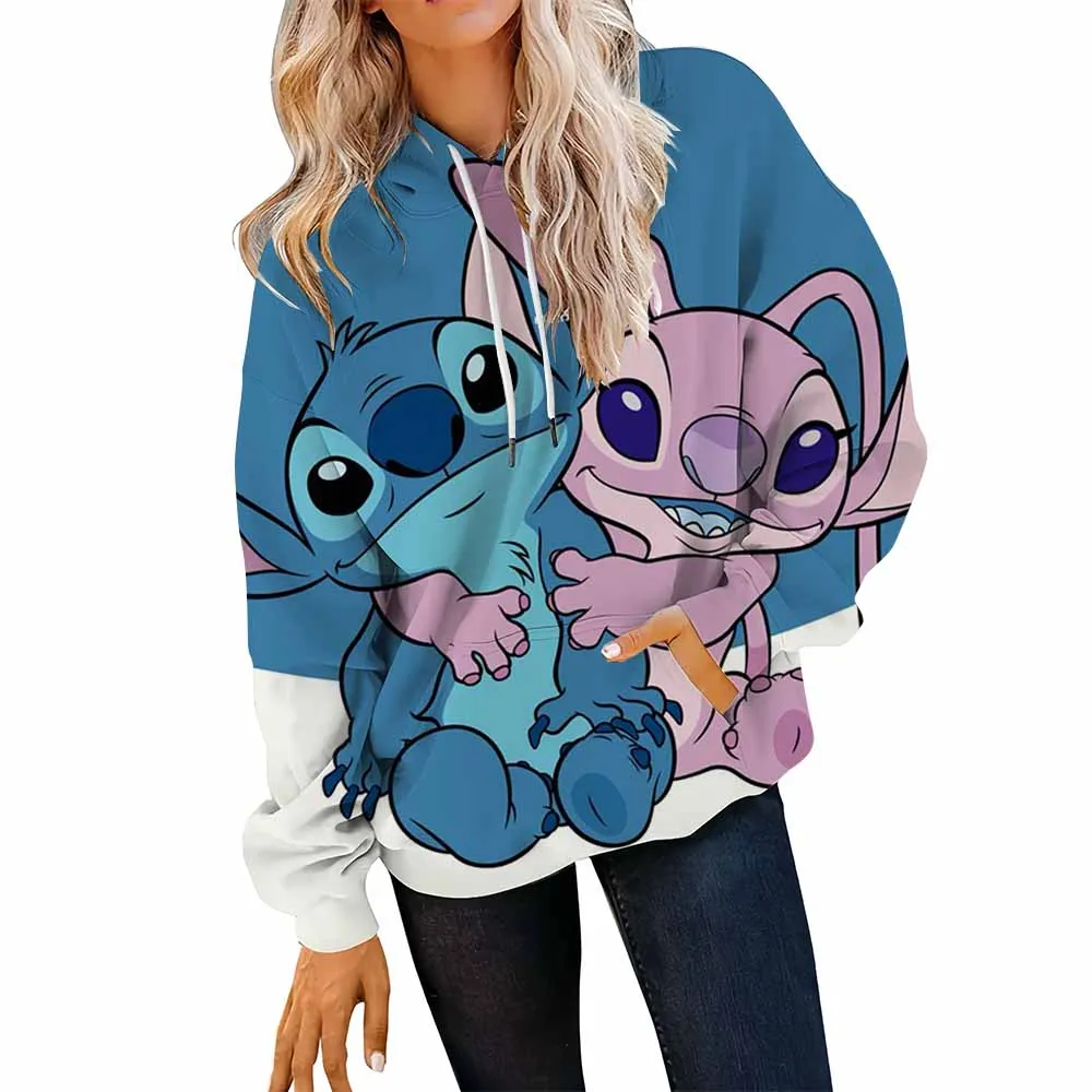 Bluza damska z nadrukiem Disney Stitch, okrągły dekolt, miękki sweter, styl hip-hop, streetwear, luźny krój, casual, Y2K, odzież sportowa. ﻿