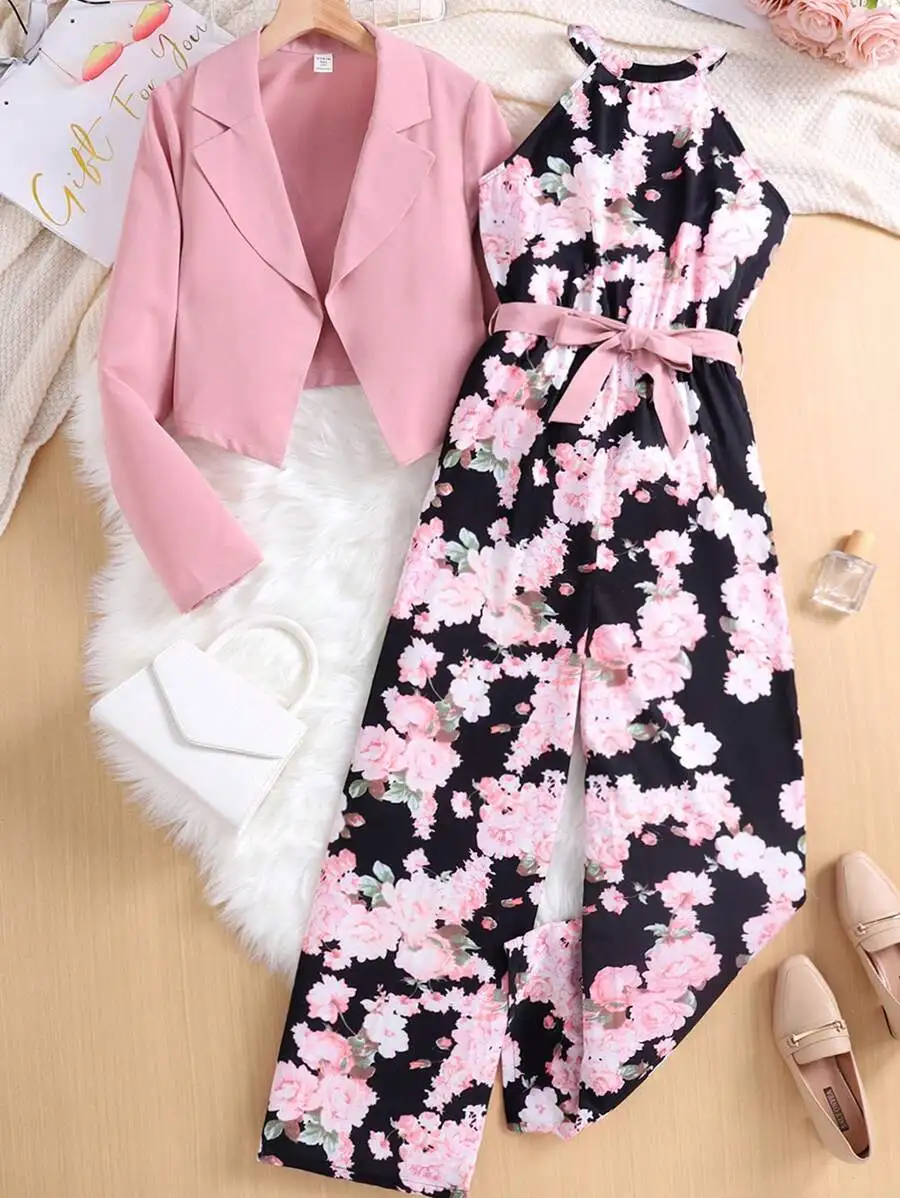 

Комплект из двух предметов с цветочным принтом: пиджак с асимметричным подолом и брюки с широкими штанинами для подростков