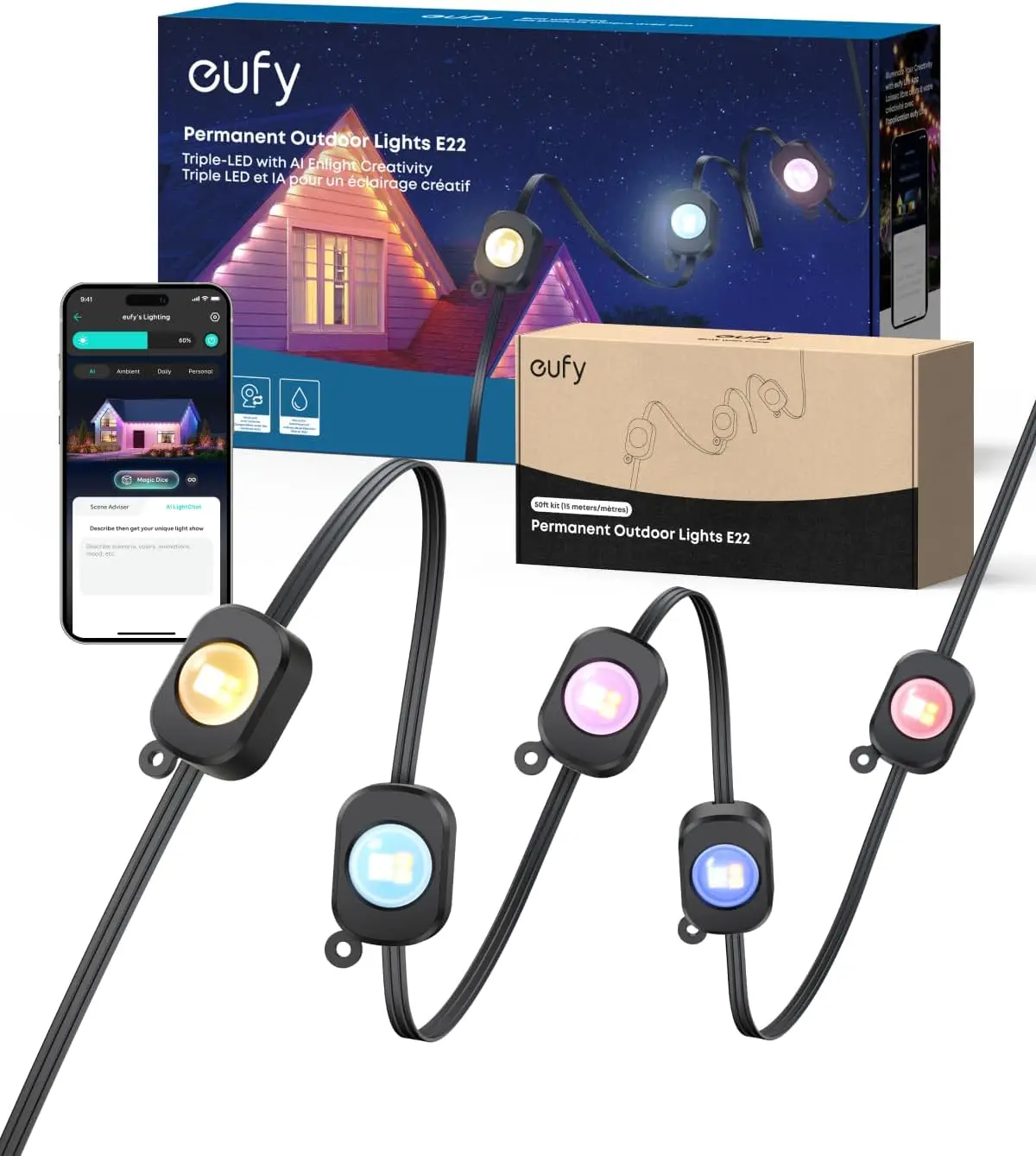 Refurbished eufy Permanent Outdoor Lights E22, 100ft, Black
