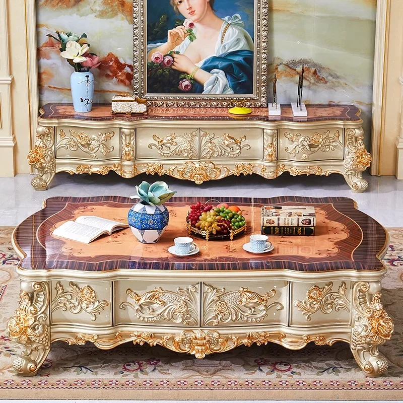 Living room marble carved surface 2.4 meters floor cabinet coffee table combination luxury furniture set