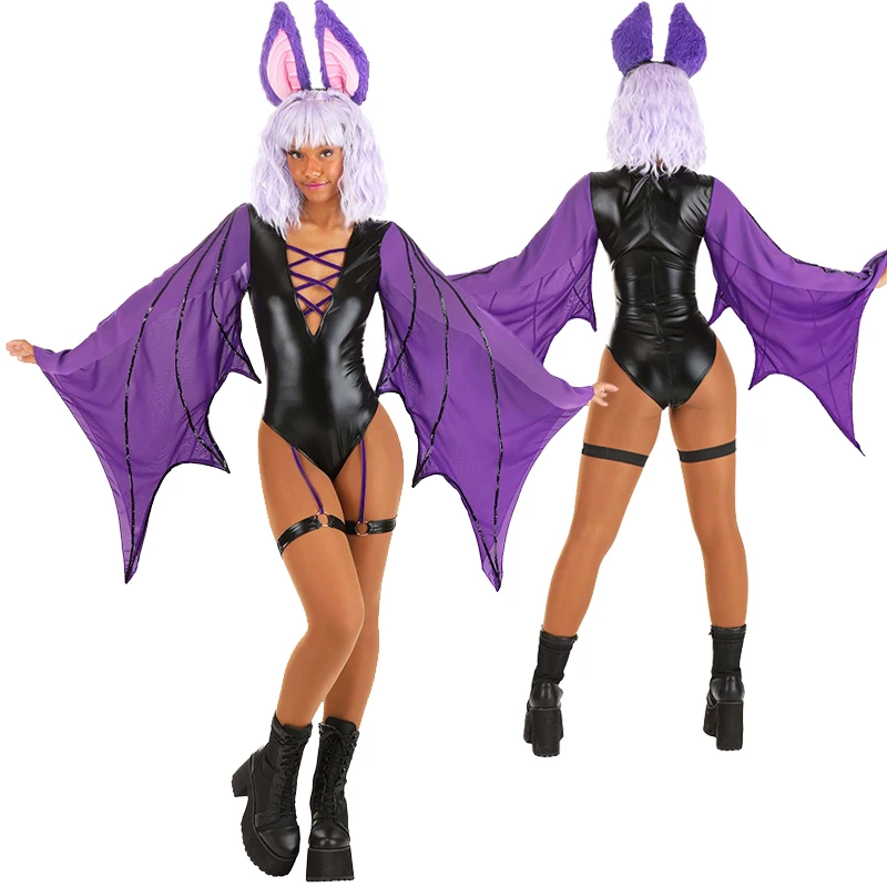 Disfraz de murciélago morado para mujer, disfraz Sexy de Halloween, disfraz de murciélago morado bonito para adulto