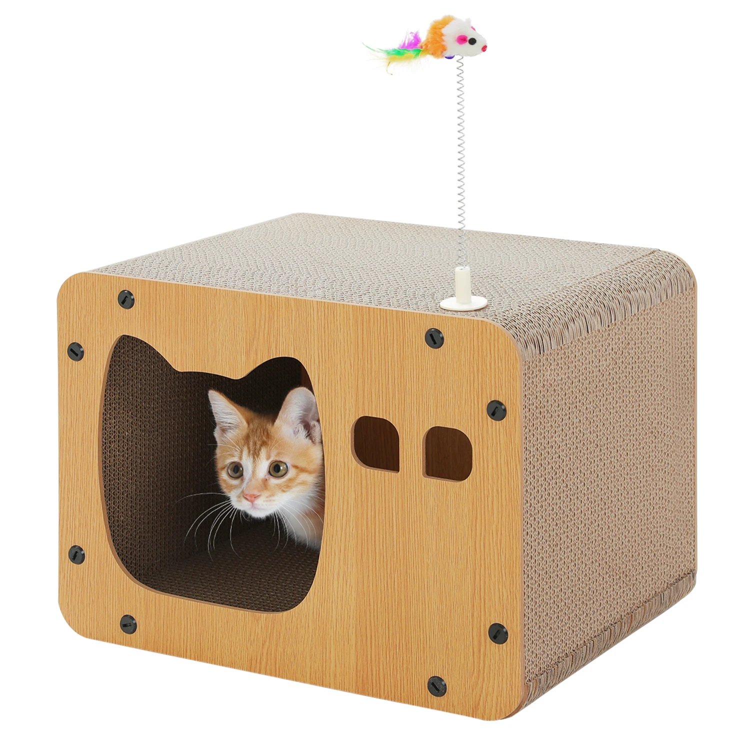 【セール中】猫 爪研ぎ 爪とぎハウス ダンボールハウス 木製 組み立て式 高密度 紙箱 キャットハウス 猫用品 猫のおもちゃ付属 コンパクト 高強度 収納簡単 省スペース 通気性 テレビ型 猫耳出入り口 カリカリ かわいい 長持ち 耐荷重 20kg