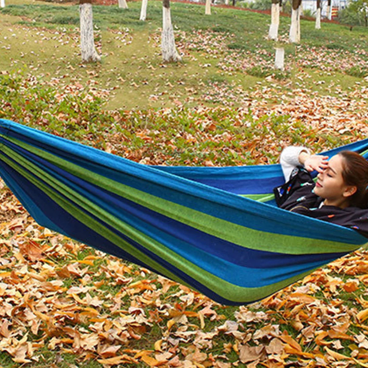 

Outdoor Hammock Portable Canvas Stripe Swing Casual Leisure Travel Camping Backpacking 280x80cm Blue Single Person