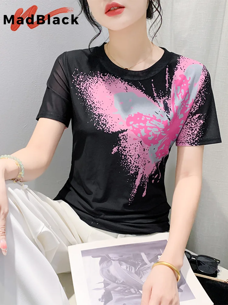 

MadBlack European Clothes Tshirts Women Sexy O Neck Butterfly Print Slim Stretchy Mesh Tops Short Sleeve Tee Summer T45859JM