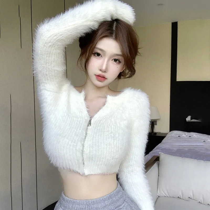 Women Coat 's Sweater Top Knitted Cardigan Plush Off Shoulder Short Style Gentleness Mink Solid Color Zipper Design