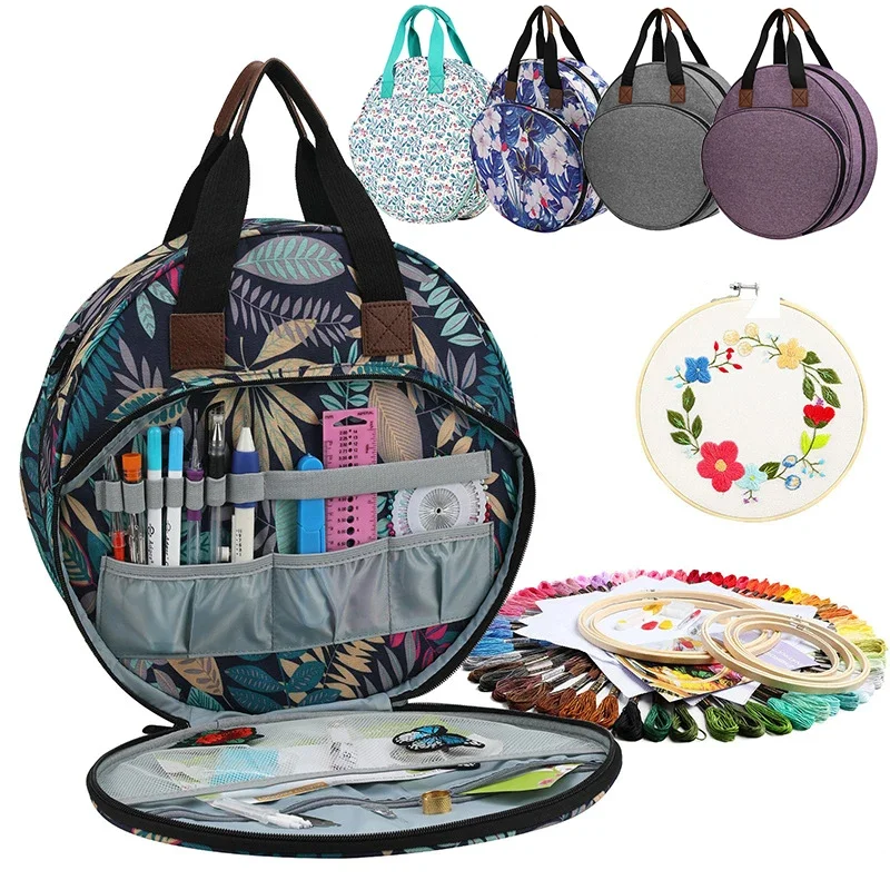 

Cross Stitch Tool Storage Bag Round Printed Pattern DIY Embroidery Bag Waterproof Durable Embroidery Hoop Sewing Tool Organizer