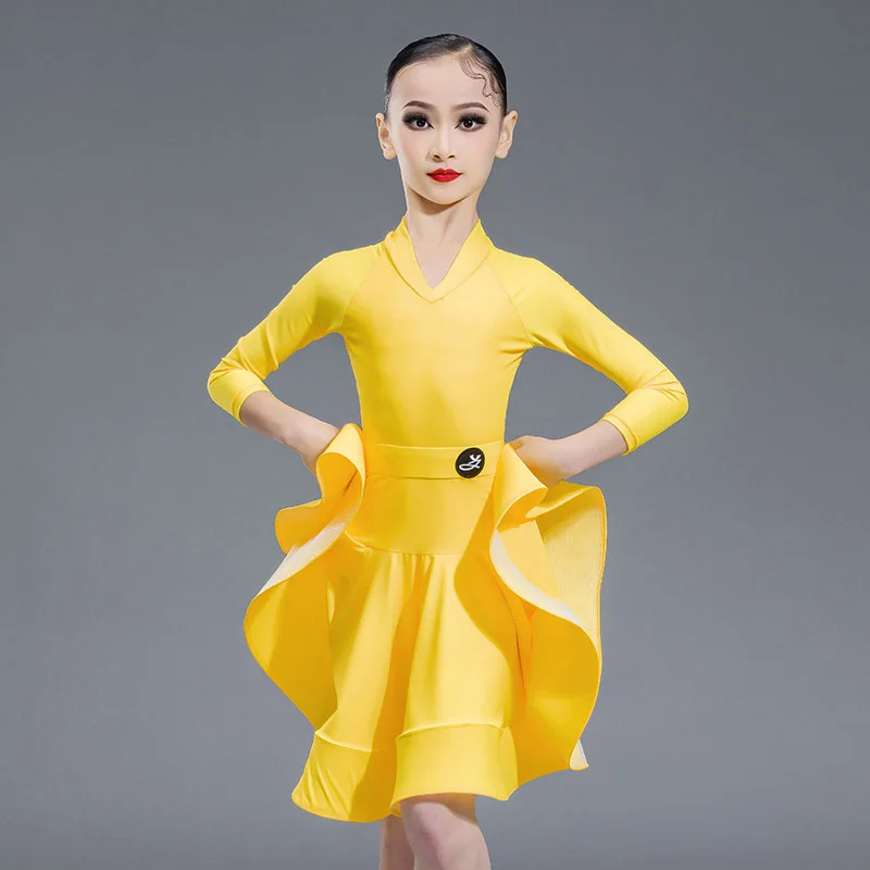 Multiple Colors Latin Dance Competition Clothing For Girls Professional Long Sleeve V-neck Suit Chacha Latin Costumes DN22447