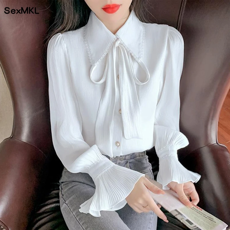 

Elegant Flared Sleeve White Shirts Women Autumn Korean Fashion Clothing Streetwear Blusas Mujer Winter Ladies Tops and Blouses