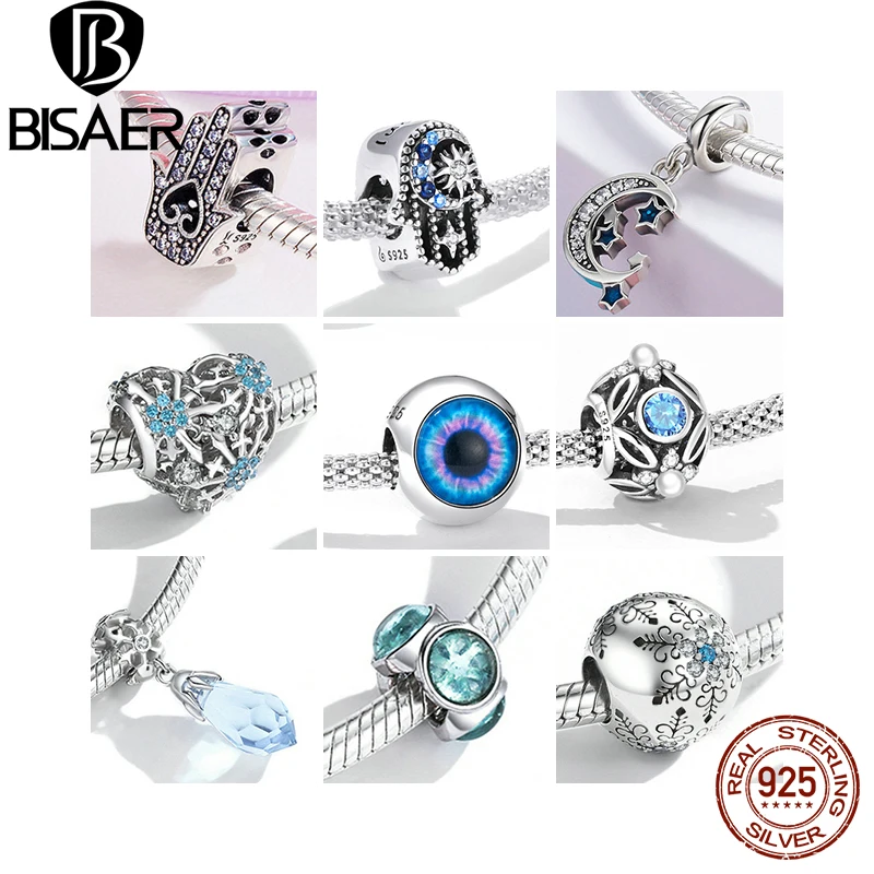 BISAER 925 Sterling Silver Bizarre Eye Charm Hand of Fatima Pendant  Pattern Blue Zircon Bead Fit Diy Bracelet Necklace Jewelry image 2