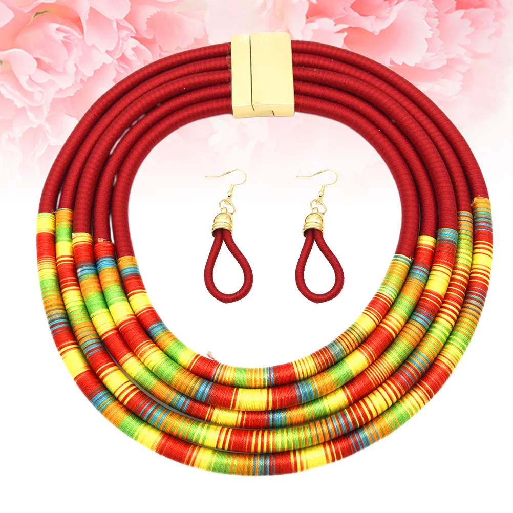 

1Set Multilayer African Style Necklace Earrings Set Hand-Woven Magnetic Snap Pendant Unique Design Birthday Beach Gift