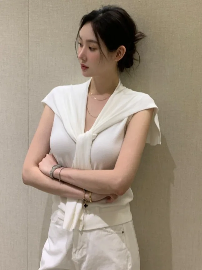 

Retro Knitted Slim Fit Vest Women's Summer New Sle Korean Versatile Color awl Set Faionable Casual Wear