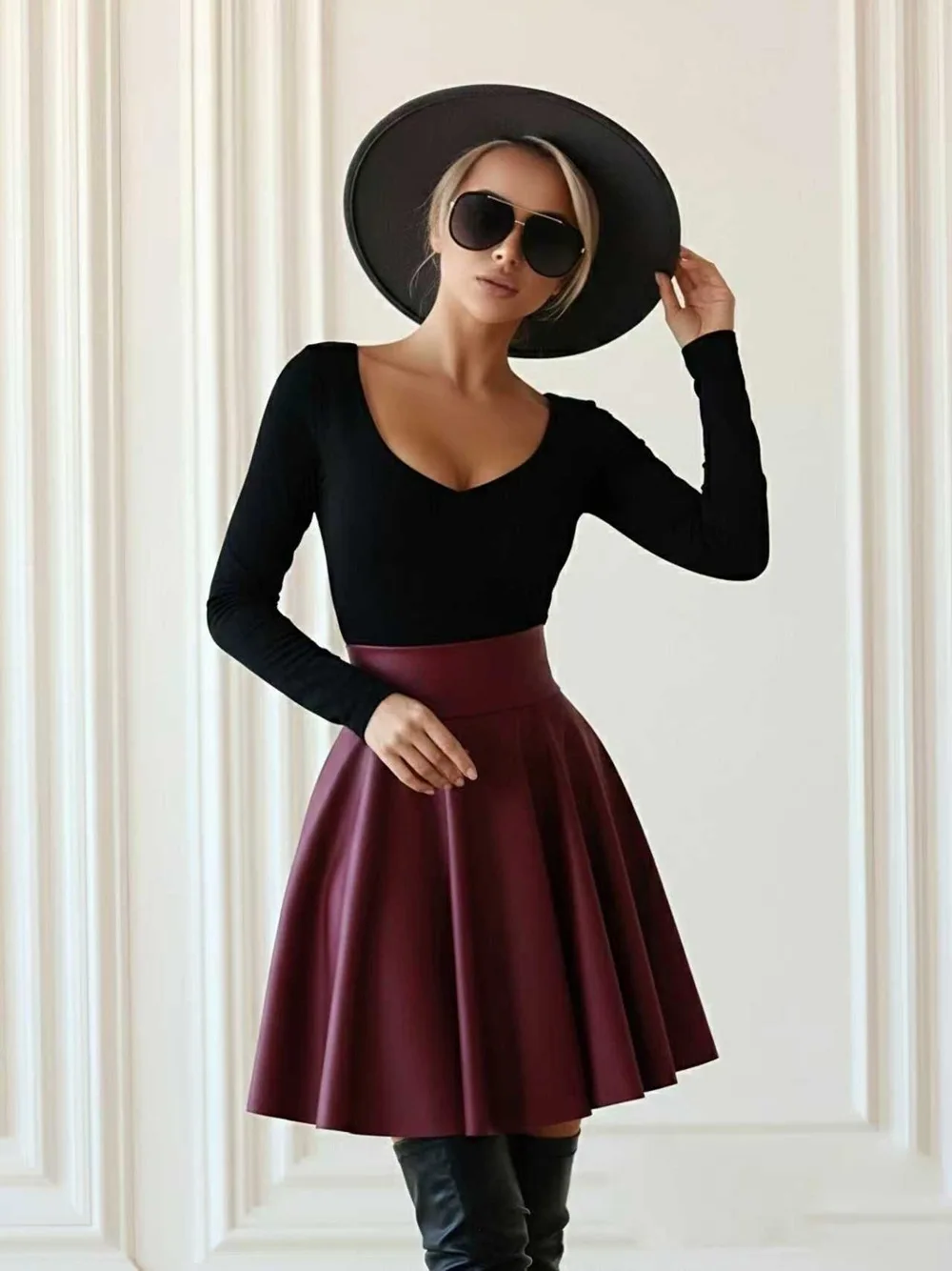 SKMY الملابس النسائية 2025 الخريف والشتاء جديد عالية الخصر كبير سوينغ بولي Leather الجلود ألف خط التنانير بلون مثير ملابس الحفلات