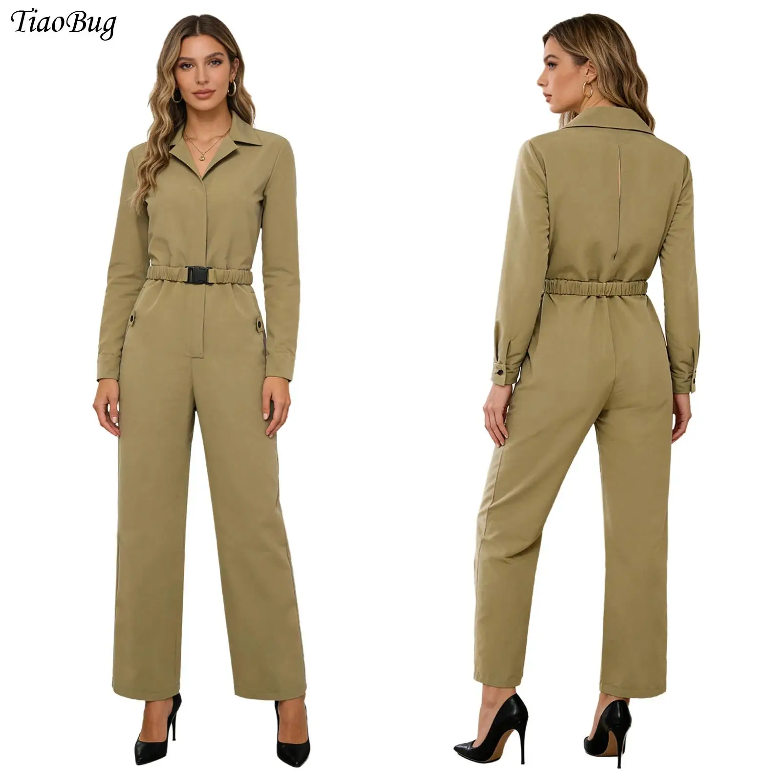 

New Womens Long Sleeve Coveralls with Waist Belt Lapel V Neck Front Zipper Wide Leg Pants Casual Rompers Work Overalls Jumpsuit