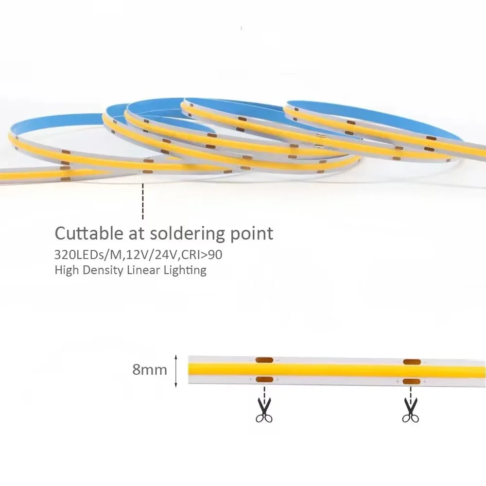 고밀도 유연한 비방수 LED 테이프 조명, 5M COB LED 스트립, 12V DC 24V RA90 320LED/M, 1M, 2M, 3M, 4M, 3000K, 4000K, 6000K