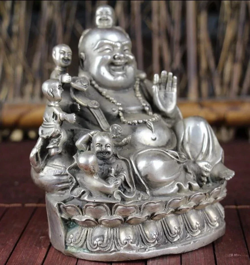 Copper Statue Copper gilded silver study home furnishings Crafts sitting Maitreya Buddha with five children