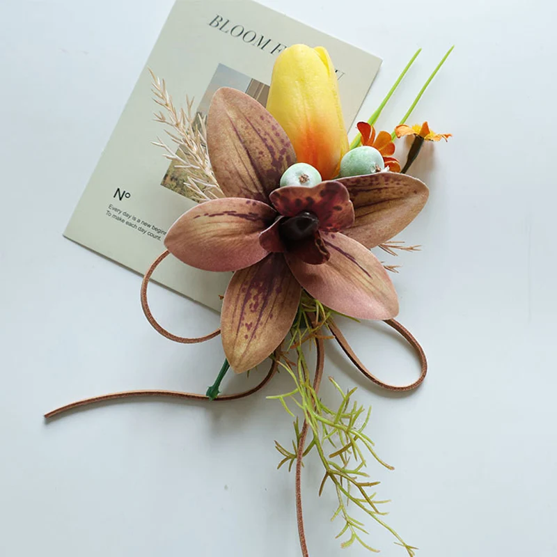 25069 أوركيد توليب بوتونيير للرجال، زهور صناعية لصدار المعصم لديكور الزفاف/الحفلة الراقصة/العودة للوطن، إلخ. بساتين الفاكهة القارب