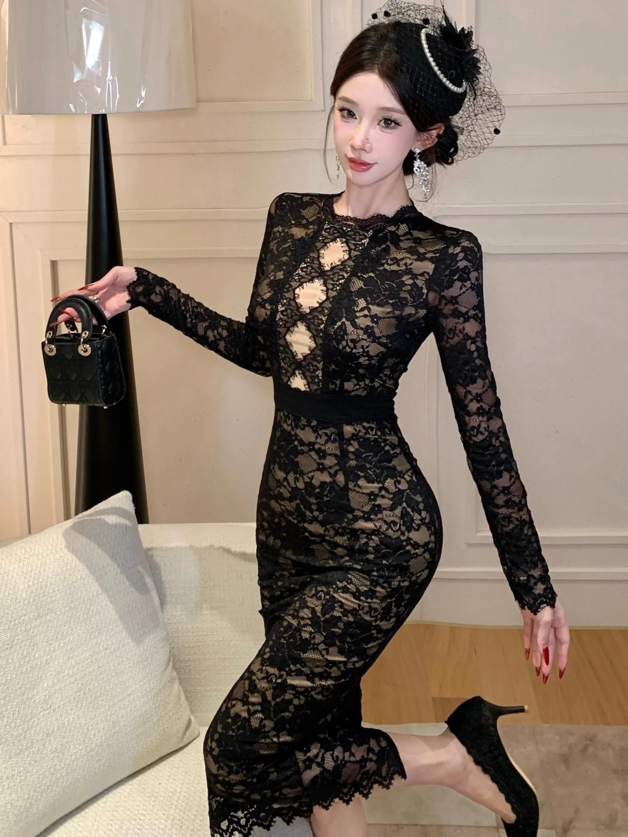 

Ele Lace V-Ne Slimming Wrap Dr Женская длинная юбка средней длины с высокой талией CiWalk Осень Зима Faion Dr