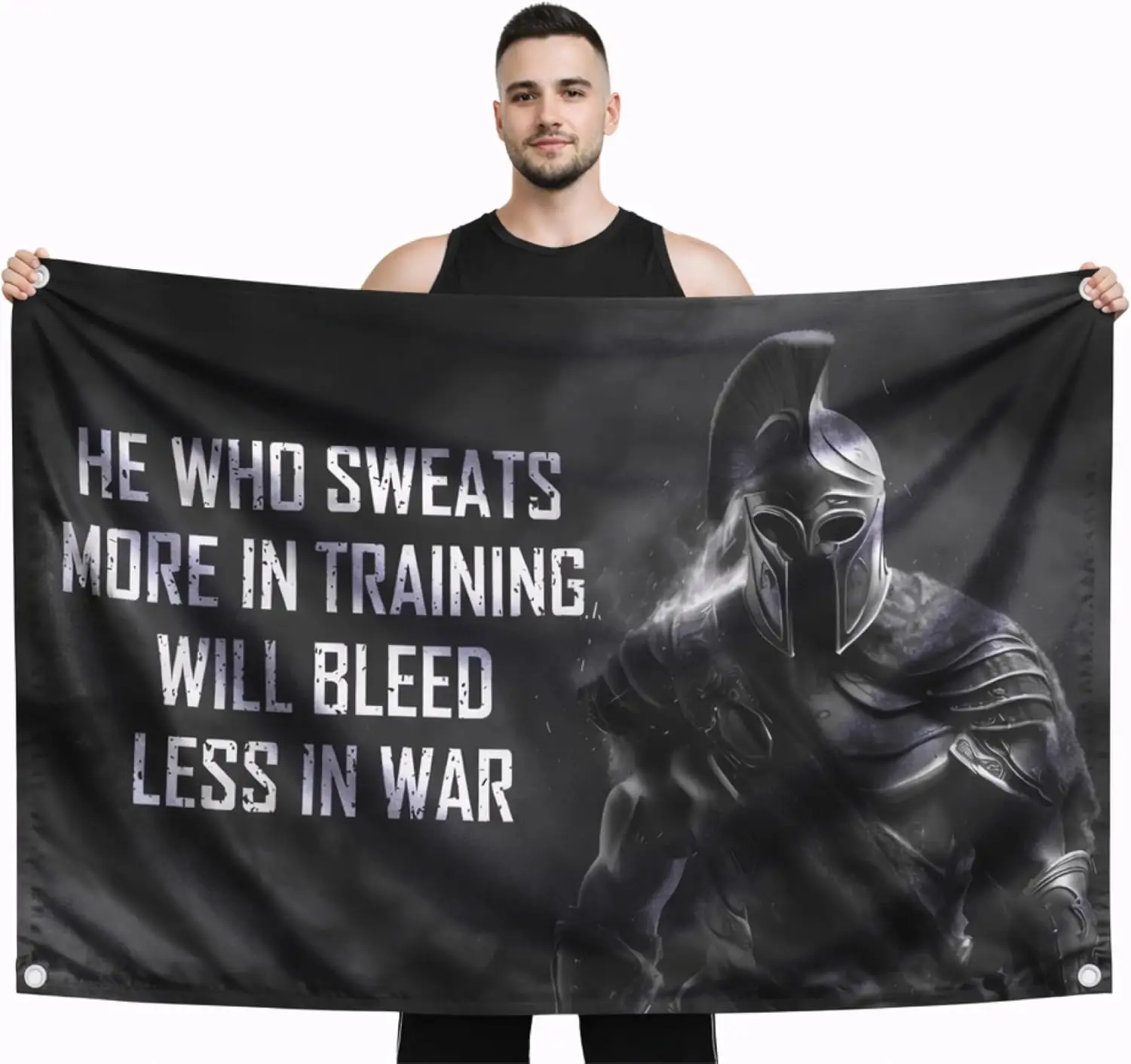 Motivational Spartan Flag - He Who Sweats More Training Quote - Improvement Wall Decor for Home or Gym - Single Sided Banner