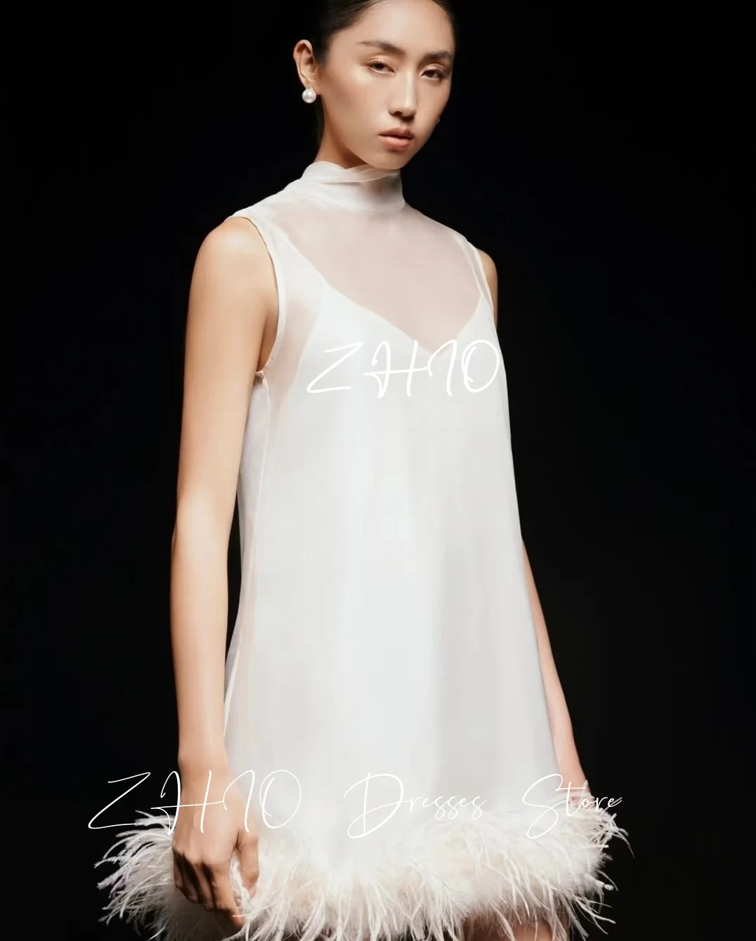 ZHIO Elegant Feathers Short Wedding Party Dress High Neck Sleeveless Bow Ribbons Organza Special Occasion Gown Customized 예복