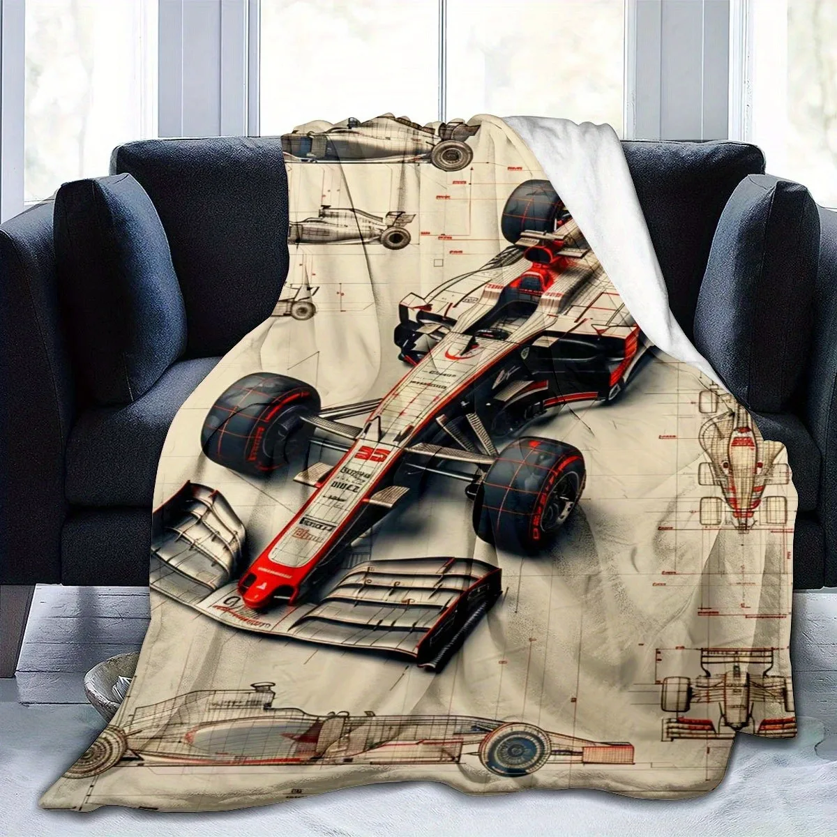 JIT F1 Blueprint Flannel Blanket 2D Flat Print Sleek Home Essential Bedroom Couch Blanket Stylish Functional Cozy Racing-Themed