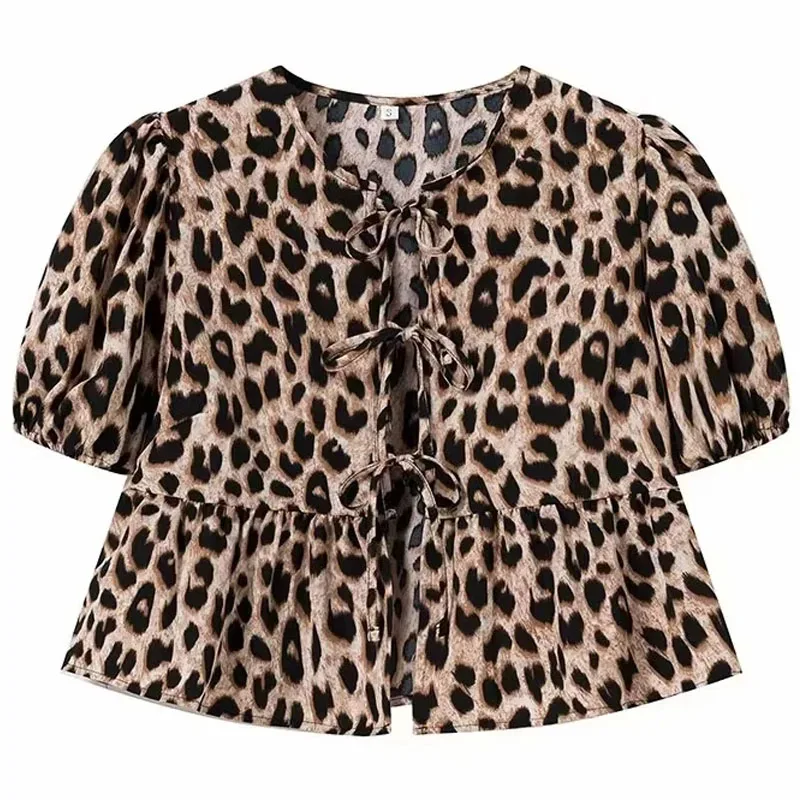 Bow Lace-Up Blouse Elegant Luxury Shirts Leopard Print O-Neck Puff Short Sleeve Bow Shirt Women's Blouse Spring Summer 2024